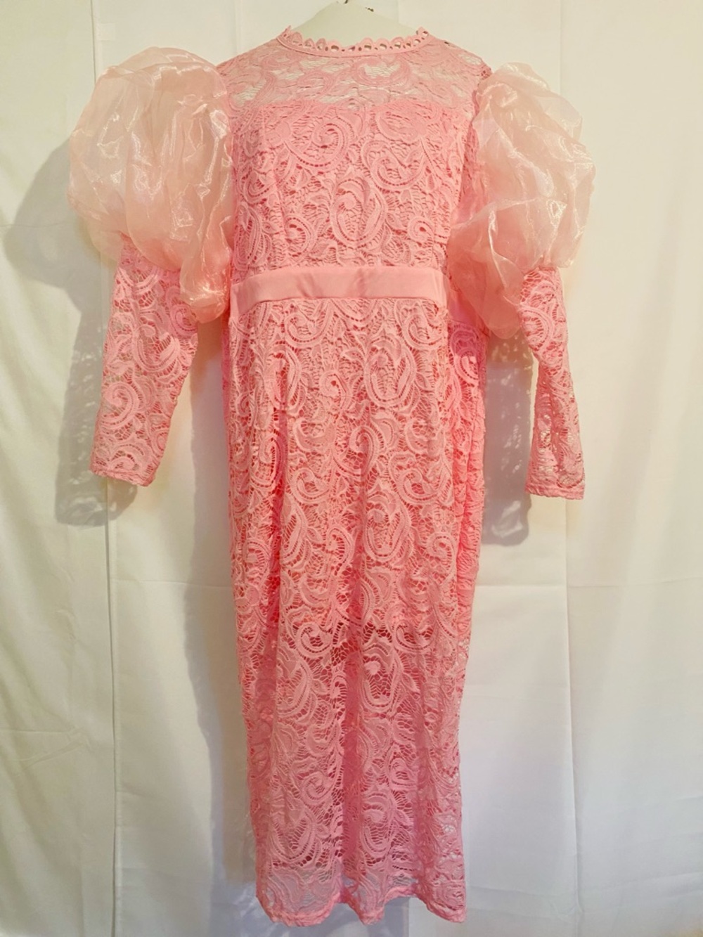 Women’s Pink Long Sleeve Lace Dress with Puff Sleeves